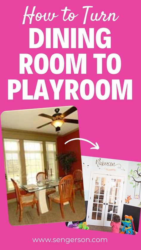 Converting a dining room to a playroom can take a lot of planning, especially if it is in the front of your home like mine is. We took a dark, hum-drum room and painted it with light whimsical colors, some chalkboard paint, and placed cute wall murals all around! It took the room to a whole new level and it’s not an eyesore. I will show you our before and after pictures to give you a little inspiration and go over exactly what we did to accomplish this look! #Playroom #Inspiration Cute Wall Murals, Dining Room Into Playroom, Dining Room To Playroom, Convert Dining Room, Converted Dining Room, Dining Room Playroom, Fun Playroom, Playroom Inspiration, Black Chalkboard Paint