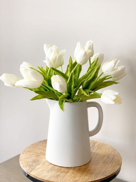 Faux Tulips In Vase, Healthy And Fitness, Faux Tulips, Prettiest Flowers, Spring Favorites, Silk Tulips, Pitcher Decor, Tulip Decor, Tulips Arrangement