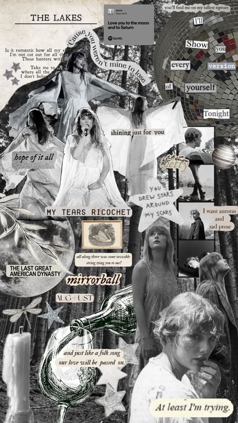 Folklore taylor swift collage wallpaper Folklore Taylor Swift Aesthetic Wallpaper, Taylor Swift Collage Wallpaper, Taylor Swift Collage, Folklore Taylor Swift, College Wallpaper, Taylor Swift Book, Taylor Swift Tour Outfits, Music Collage, Swift Tour