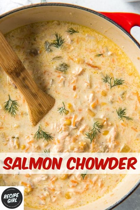 pot of salmon chowder Salmon Chowder Recipe Easy, Chowder Recipes Healthy, Salmon Chowder Recipe, Salmon Soup, Canned Salmon Recipes, Salmon Chowder, Chowder Soup, Fresh Tuna, Chowder Recipe