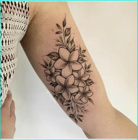 Top 72+ Meaningful Hawaiian Tattoos With Perfect Placement Plumeria Flowers Tattoo Design, Plumeria Arm Tattoo, Fragapani Flower Tattoo, Hibiscus Forearm Tattoo, Plumeria Tattoo Designs, Tiare Flower Tattoo, Frangipani Tattoo Designs, Frangipani Flower Tattoo, Hawaiian Flower Tattoos For Women