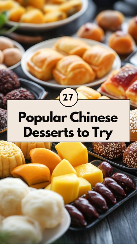 An assortment of popular Chinese desserts, including mooncakes, mango pudding, tangyuan, and red bean buns, displayed on a table, showcasing their vibrant colors and unique textures. Chinese Dessert Recipe Traditional, Chinese Deserts Sweets, Chinese Sweets Desserts, Easy Foreign Desserts, Chinese Desserts Traditional, Chinese Baked Goods, Foreign Dessert Recipes, Chinese New Year Food Ideas, Asian Dessert Table