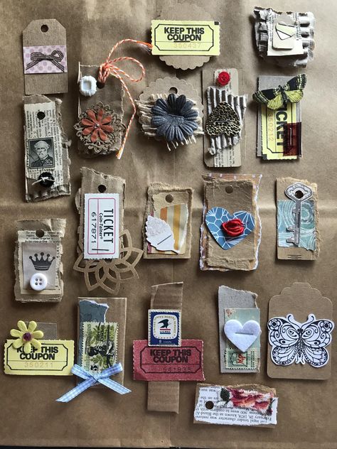 https://flic.kr/p/25wViBr | Junk Journal Mini Embellishment Tags 1 | Handmade mini tags for junk journal pages... Made from scrap papers, cardboards, ribbons/laces and more!! Junk Journal Paper Clusters, Clusters For Junk Journals, Vintage Journals, Scrapbook Embellishments Diy, Journal Embellishments, Embellishment Diy, Card Embellishments, Glue Book, Candy Cards