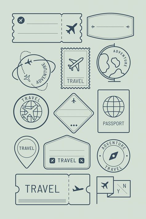 Travel Diaries Drawing, Travel Scrapbooking Pages, Stamp Designs Ideas, Travel Scrapbook Printables, How To Make A Travel Journal, Travelling Drawing Ideas, Cute Travel Drawings, Scrapbook Stickers Printable Travel, Travel Journal Page Ideas