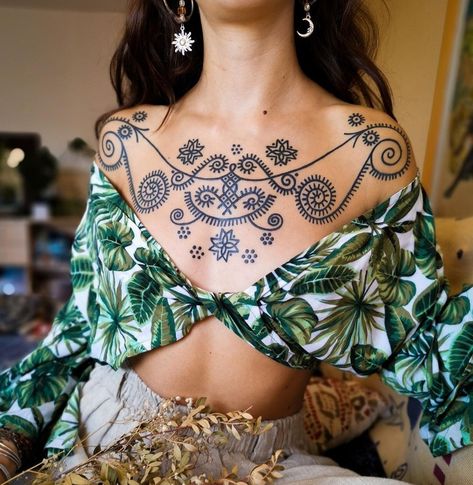 Folk Tattoo, Tatuaje Cover Up, Berber Tattoo, Healed Tattoo, Tattoo Linework, Chest Tattoos For Women, Chest Piece Tattoos, Line Work Tattoo, Back Tattoo Women