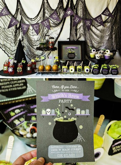 cauldron invitation for a witch inspired halloween party Adult Halloween Party Food, Bat Party, Halloween Tea Party, Hallowen Party, Witches Tea, Wizard Party, Hocus Pocus Party, Witch Party, Coworker Gifts