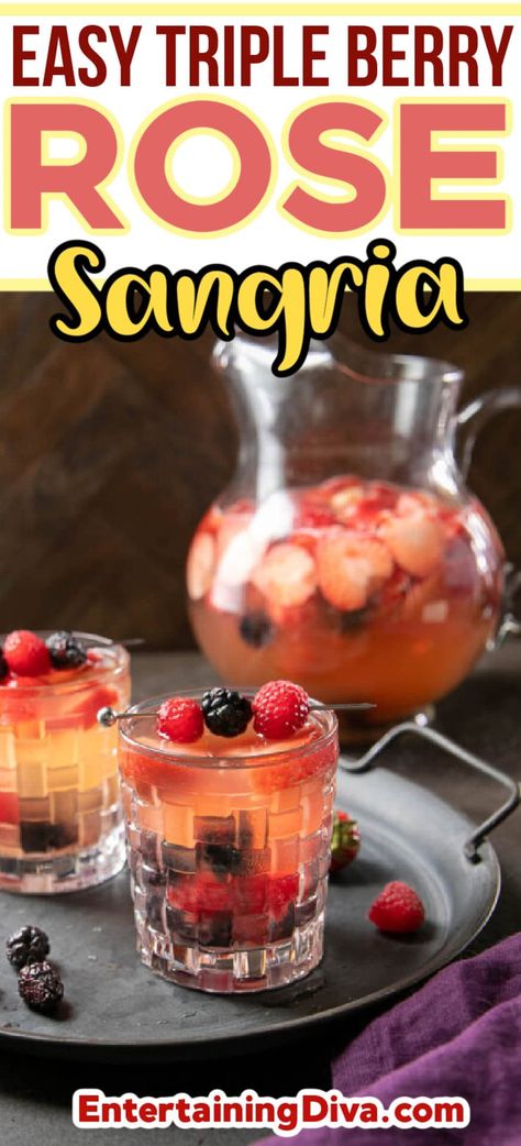 Easy Triple Berry Rose Sangria Rose Sangria Recipes Fall, Berry Sangria Recipes, Rose Sangria Recipes, Rose Wine Sangria, Summer Sangria Recipes, Raspberry Sangria, Easy Sangria Recipes, Berry Cocktail, Berry Sangria