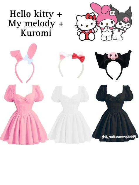 Matching Sanrio Costumes, My Melody And Kuromi Matching Outfits, Hello Kitty And Friends Halloween Costume, Trio Cosplays Ideas, Hello Kitty And Friends Cosplay, Hello Kitty And Kuromi Costume, Sanrio Costume Ideas, Hello Kitty And Friends Costume, Sanrio Characters Costumes