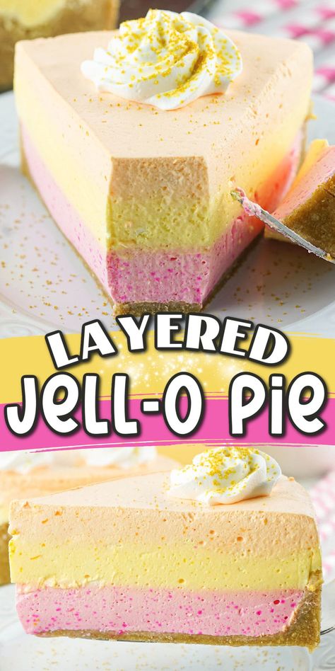 3 Layer Jello Dessert, Jello Yogurt Cool Whip Pie, Layered Jello Recipe Cool Whip, Cool Whip Jello Pie, Whipped Jello Dessert, Ice Cream Jello Recipes, No Bake Jello Pie, Jello Pie Cool Whip, Fluffy Jello