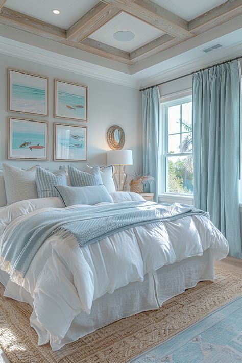 Small Bed Designs, Light Blue And White Bedding, Preppy Coastal Aesthetic, Light Blue Room Decor Ideas, Medium Room Ideas, Beachy Preppy Bedroom, Bedroom Decor Cozy Relaxing, Getting Ready Room Ideas, Bedrooms For Women