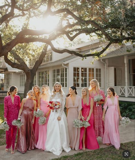 Hot Pink Boots Wedding, Shades Of Pink Wedding Bridesmaid Dress, Shades Of Bright Pink Bridesmaid Dresses, Pick Your Own Bridesmaid Dress, Assorted Pink Bridesmaid Dresses, Pink Wedding Party Dresses, Hot Pink Wedding Groomsmen, Bold Pink Bridesmaid Dresses, Mid Matched Bridesmaids