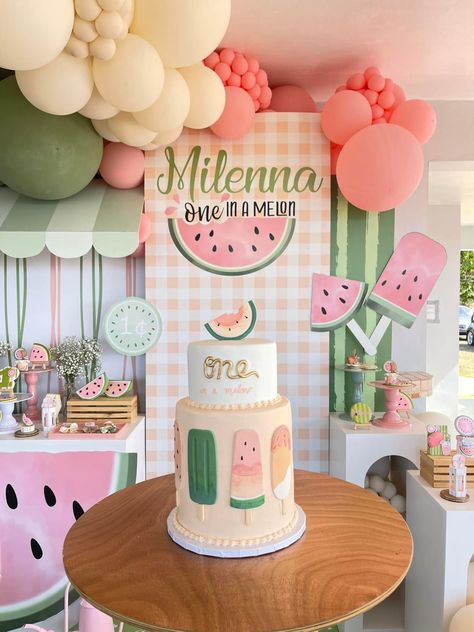 Melon First Birthday, Melon Themed Birthday Party, Baby Girl Birthday Theme First, Summer Baby Birthday Ideas, First Birthday Theme Summer, First Birthday Themes Girl Summer, Summer Birthday Themes Girl, First Birthday Party Themes Summer, 1st Birthday Watermelon Theme