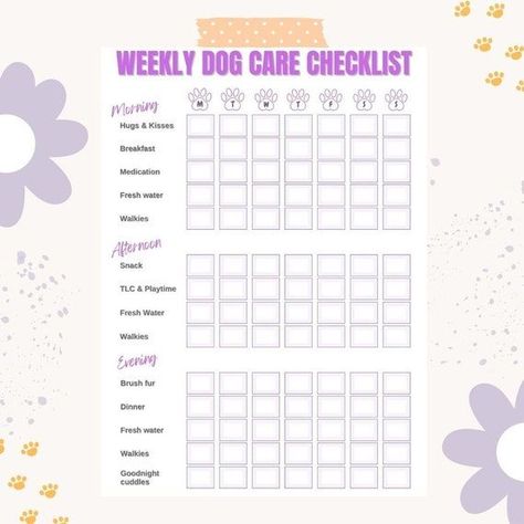 Dog Care Printable Checklist Purple Pet Care Planner Digital - Etsy | Printable Planner by  Cheryl Sarvis Pet Care Planner, Pet Care Printables, Dog Care Checklist, Weekly Checklist, Morning Hugs, Printable Dog, Dog Walk, Printable Checklist, Blue Dog