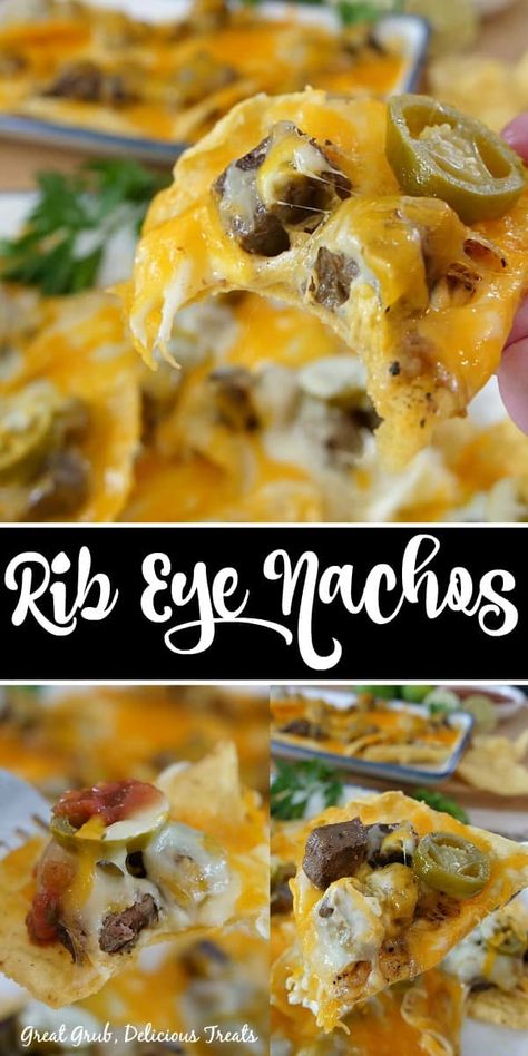 Rib Eye Nachos are an easy appetizer recipe, loaded with leftover rib eye steak, two types of cheese and jalapenos. Recipes With Leftover Steak, Leftover Ribeye Steak Recipes, Steak Nachos Recipe, Grilled Ribeye Steak Recipes, Nacho Appetizer, Leftover Steak Recipes, Steak Nachos, Mexican Nachos, Rib Eye Recipes