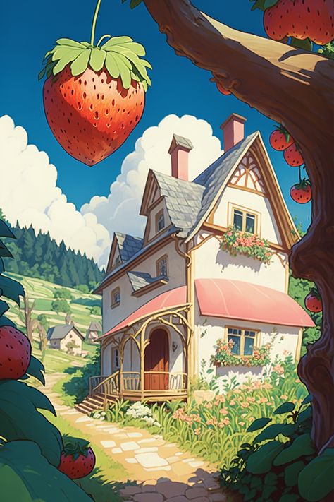 Strawberry garden and house, ghibli style Ghibli Style Drawing, Strawberry Garden Illustration, Ghibli House Drawing, Studio Ghibli Houses, Ghibli Style Art, Cute Cottage Drawing, Studio Ghibli House, Ghibli Garden, Marnie Ghibli