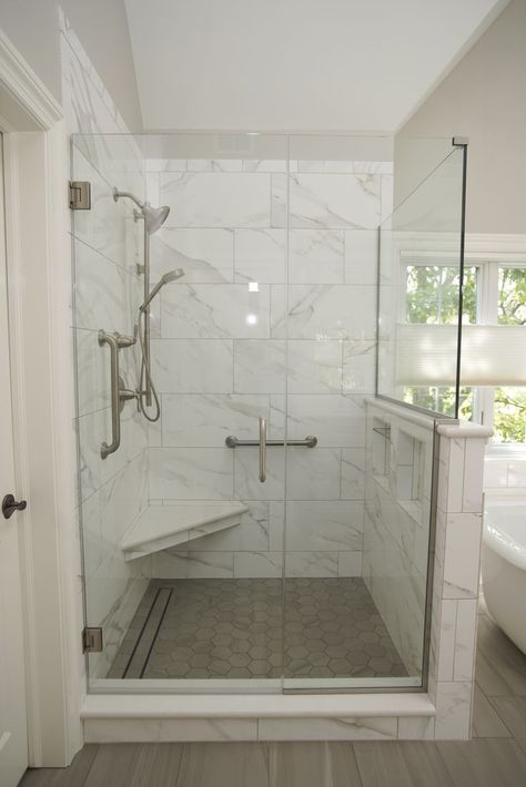 Full Glass Wall Shower with Corner Bench Corner Shower Seat, Shower With Seat, Master Bath Shower, Full Bathroom Remodel, White Bathroom Designs, Corner Bench, Bathroom Redesign, Shower Walls, Small Bathroom Makeover