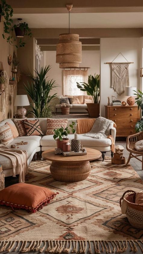 Earthy Wood Living Room, Boho Mood Board Inspiration, Tiny Livingrooms Design, Nepali Home Decor, Boho Front Room, Warm Tone House Interior, Boho Tiny House Interiors, Boho Waiting Room, Boho Lounge Room Ideas