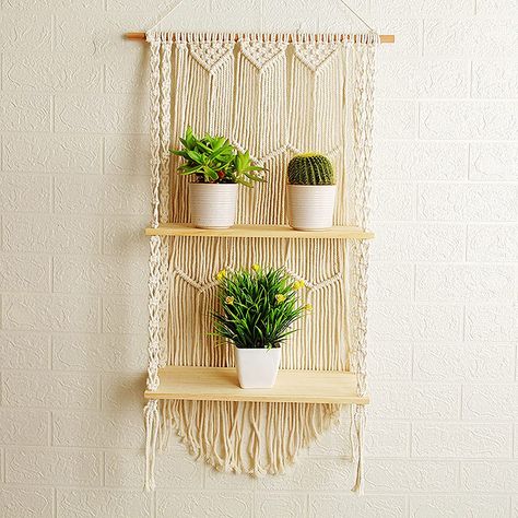 Macrame Hanging Shelf, Pola Macrame, Macrame Shelf, Rope Decor, Wall Hanging Shelves, Handmade Plant, Woven Wood, Estantes Flotantes, Boho Wall Hanging