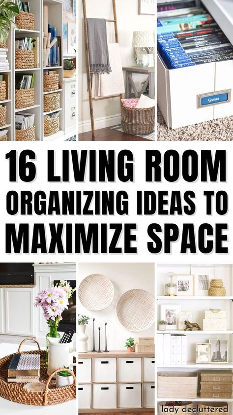 16 Living Room Organizing Ideas to Maximize Space Small Living Room Closet Organization, Tiny Living Room Storage Ideas, Small Den Storage Ideas, Tv Room Organization Ideas, Living Room Cabinet Organization, Entertainment Center Small Living Room, Living Room Decor Storage, Storage And Organization Living Room, Small Living Room Storage Maximize Space