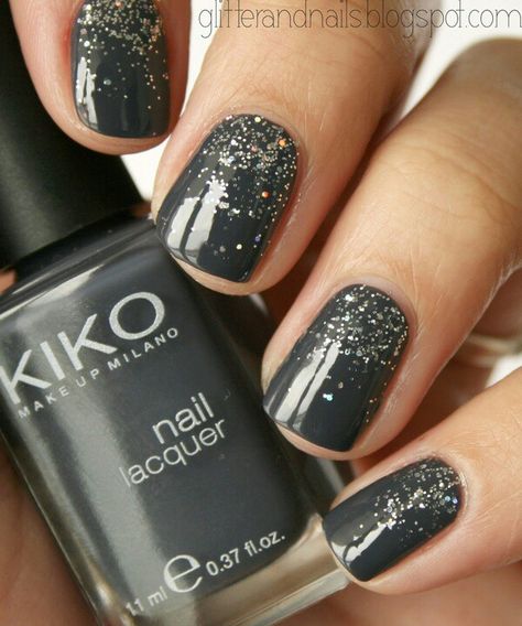 Dark Charcoal & Glitter Nails Dark Grey Glitter Nails, Dark Gray Nails With Glitter, Dark Grey Nail Ideas, Dark Glitter Nails, Grey Glitter Nails, Dark Nails With Glitter, Dark Gray Nails, Fall Manicure, Gray Nails