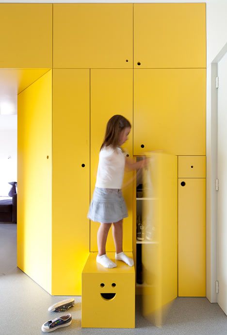 Yellow closets Mommo Design, Inspiration Pics, Apartment Renovation, Closet Inspiration, Yellow Walls, Kids Interior, Design Milk, Kid Spaces, Built In Storage