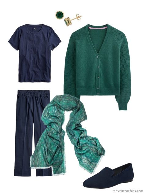 Accenting Navy with Bright or Deep Colors - The Vivienne Files Capsule Wardrobe Blue Color Schemes, Navy And Teal Outfit, Navy Green Outfit, Muted Wardrobe, Navy Capsule Wardrobe, Intentional Wardrobe, Blue Wardrobe, Clothes Capsule Wardrobe, Dark Green Cardigan