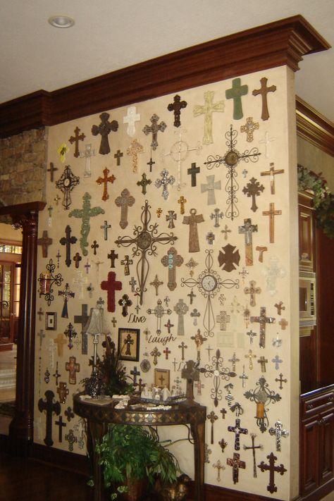 I like this one because it's a small wall, but the way the crosses are arranged, it looks like wallpaper.  @Momma Cronan Wall Of Crosses Ideas Living Room, Wall Of Crosses Ideas, Crosses Decor On Wall, Cross Wall Collage, Wall Of Crosses, Cross Walls, Amanda Young, Cross Wall Art, Cross Decor