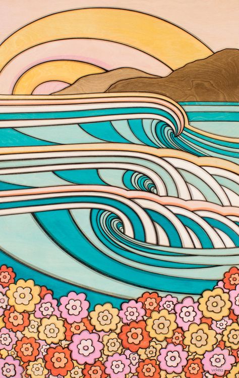 Retro Surf Art, Beachy Art, Surf Painting, Beach Wall Collage, Retro Surf, Surfboard Art, Over The Hill, Ocean Inspired, Photo Wall Collage