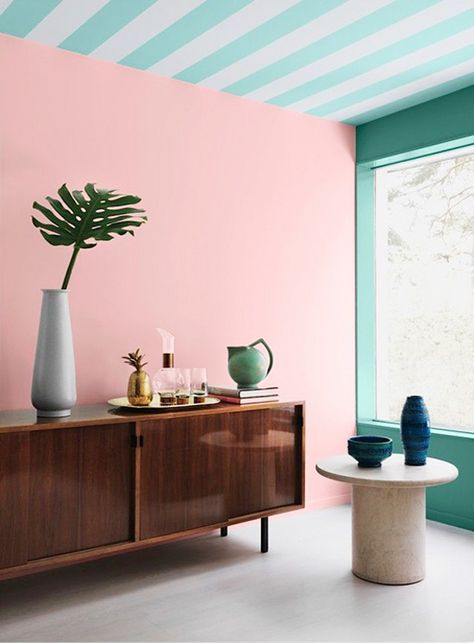 SFGirlByBay shows off a bright space with striped painted ceilings. Are you a fan of the painted ceiling trend? Join the debate! #ceilings #paintedceilings #trend #interiors Deco Pastel, Murs Roses, Miami Art Deco, Pastel Interior, Nordic Interior, Interior Paint Colors, Pink Interior, Design Del Prodotto, Painted Ceiling