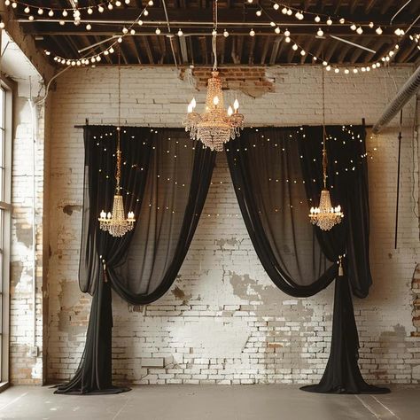 Premium Black Chiffon Ceiling Drapery | eFavormart.com Wedding Arch With Black Fabric, Diy Curtain Backdrop, Curtain Backdrop Ideas, Black Wedding Arch, Wedding Curtain Backdrop, Wedding Drapes, Nye 2024, Black Sheer Curtains, Ceiling Drapery