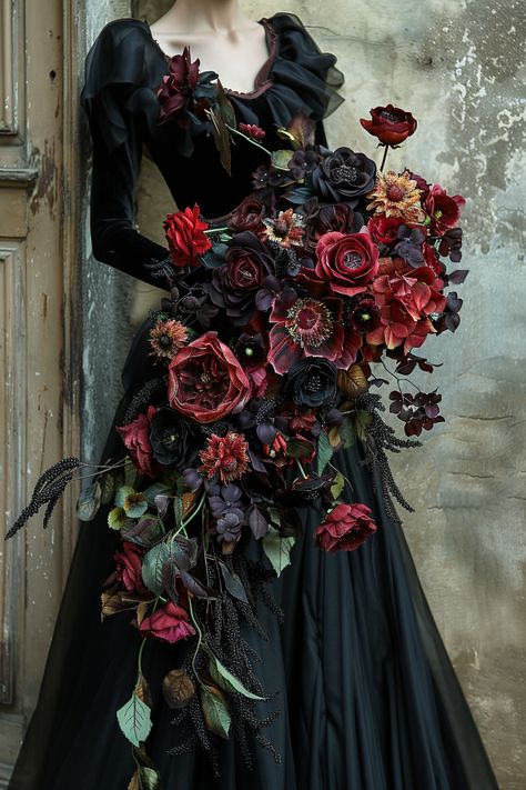 Black Cascading Bouquet, Black Wedding Dress Flowers, Fall Wedding Gothic, Hades Persephone Wedding, Dark Red Floral Arrangements, Goth Wedding Flowers, Gothic Bouquet Wedding, Goth Aesthetic Wedding, Goth Flower Bouquet