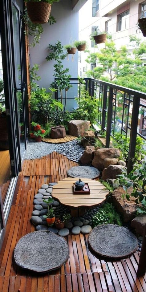 Balcony Decor Diy, Jardin Zen Interior, Japanese Balcony, Zen Balcony, Glowing Plants, Balcony Herb Gardens, Lamp Plant, Decorating Balcony, Balcony Decor Ideas