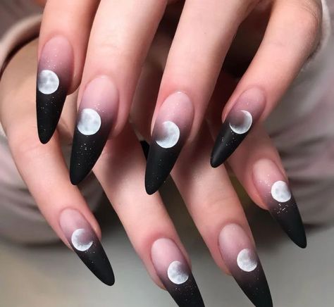 Wiccan Nails Designs, Hand Painted Nail Art Design, Full Moon Nails, Witchy Nails Acrylic, Witchy Nails Coffin, Inuyasha Nails, Moon Acrylic Nails, Winter Stiletto Nails, Occult Nails