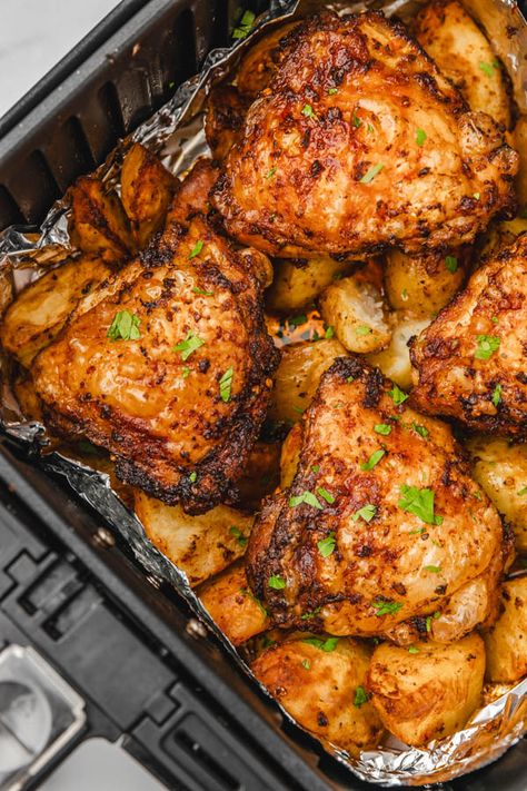 Air Fryer Chicken Thighs And Potatoes Chicken Thighs And Potatoes, Beef Noodle Stir Fry, Greek Chicken And Potatoes, Honey Mustard Chicken Recipes, Beef Chow Mein, Yogurt Chicken Salad, Air Fryer Chicken Thighs, Mustard Chicken Recipes, Greek Yogurt Chicken