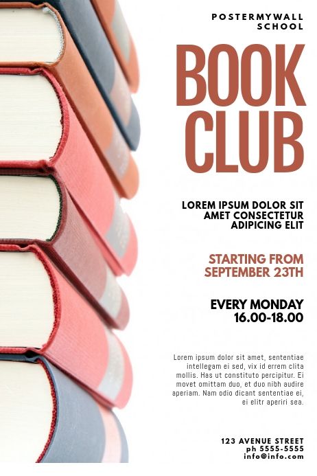 Book Club Flyer Design Template | PosterMyWall Book Release Flyer Design, Bookstore Flyer Design, Book Advertisement Poster, Bookshop Poster Design, School Club Flyers, Club Advertising Ideas, Book Flyer Design, School Club Flyer Design, Book Club Poster Ideas