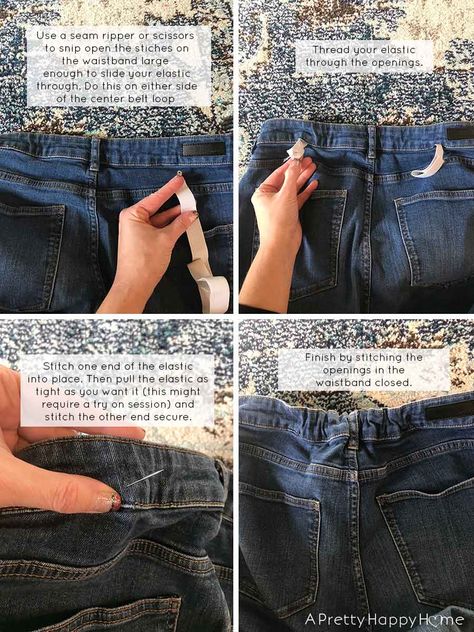 fix waistband gap on jeans with elastic Gap In Back Of Jeans, Fix Gap In Jeans, Jeans With Elastic Waistband, How To Fix Back Gap In Jeans, Alter Jeans Waistband, Diy Elastic Waistband Jeans, Altering Jeans Waistband Smaller, Adding Elastic To Jeans Waist, Resize Pants