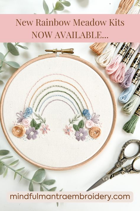 New Rainbow Meadow Embroidery Kits available now Rainbow Embroidery Pattern, Meadow Embroidery, Sampler Embroidery, Pdf Embroidery Pattern, Rainbow Embroidery, Beginner Embroidery Kit, Stitch Sampler, Floral Initial, Basic Embroidery Stitches