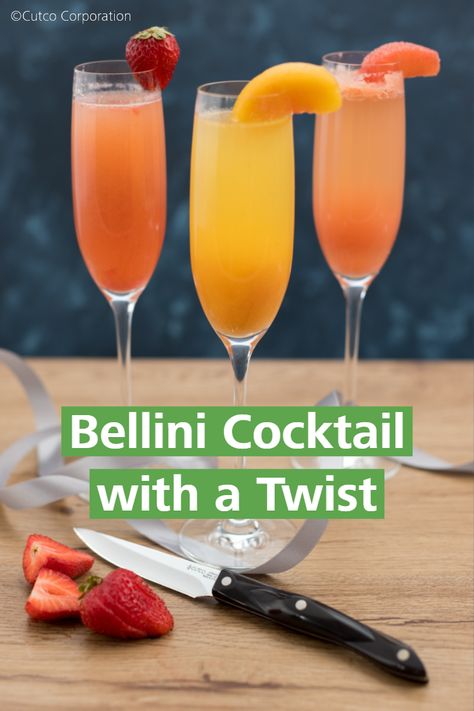 So, why make a Bellini? If you’re looking for something different than a mimosa and a drink that has a wow-factor for your next party, you won’t be disappointed with this easy cocktail. While we’ve provided the traditional peach Bellini recipe, we’ve also added two additional flavors for a twist. They are ones that will match the different taste palettes of your guests but also make for a beautiful drink display. #MyCutco #NewYearsDrinks #BelliniRecipe #CocktailRecipes #NewYears Belini Recipe Easy, Belinni Recipes, Bellini Recipe Easy, Breakfast Alcoholic Drinks, Belini Recipe, Bellini Cocktail Recipes, Peach Bellini Recipe, Beautiful Drink, Valentines Recipes