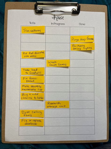 "This grid is sized to be used with colored sticky tabs (not included). Easily track the progress of your to do list by moving the tabs across the grid to the \"In Progress\" or \"Done\" column. Download includes pages titled Family, Work, Health, School, Personal, House and one blank grid. Super simple but very helpful system.I enjoy seeing completed tasks but don't like the look of crossing them out. Plus you can reorder items easily. I usually have these in a three hole binder or pinned on my bulletin board." Goal Tracking Ideas, Office Notes Ideas, Visual To Do List, How To Be Organized In Life, Organizing To Do Lists, Binder Organization Ideas, To Do List Board, To Do Board, Work To Do List