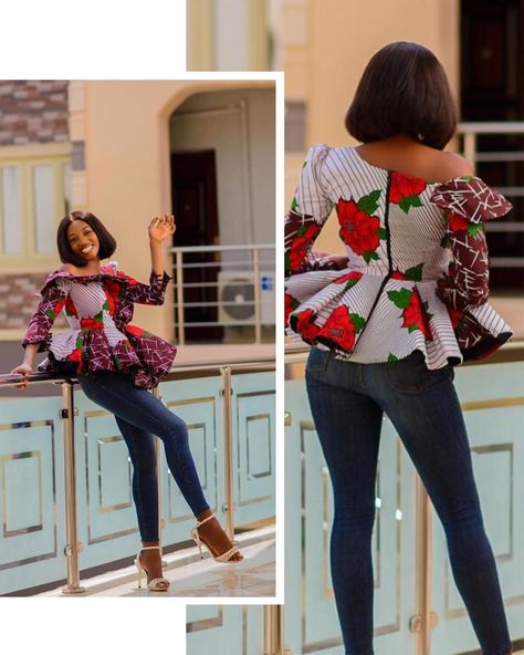 Ankara Tops Blouses With Jeans Classy, Traditional Tops African With Jeans, African Blouses With Jeans, Ankara Tops Blouses With Jeans, Blouses With Jeans, Ankara Tops With Jeans, Kitenge Tops, Ankara Tops Blouses, Tops With Jeans