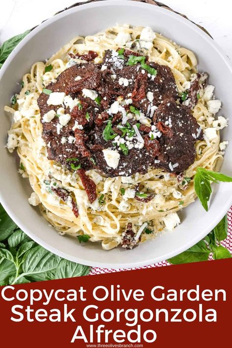 Make the restaurant favorite Copycat Olive Garden Steak Gorgonzola Alfredo at home! Creamy Parmesan alfredo fettuccine noodles with blue cheese, spinach, tomatoes, and balsamic steak. A delicious Italian beef pasta dinner! #copycatrecipes #olivegardenrecipes #alfredorecipes Ina Garten, Italian Beef Pasta, Steak Gorgonzola Salad, Steak Gorgonzola Alfredo, Steak Fettuccine, Gorgonzola Alfredo, Steak Alfredo, Alfredo Fettuccine, Steak Gorgonzola