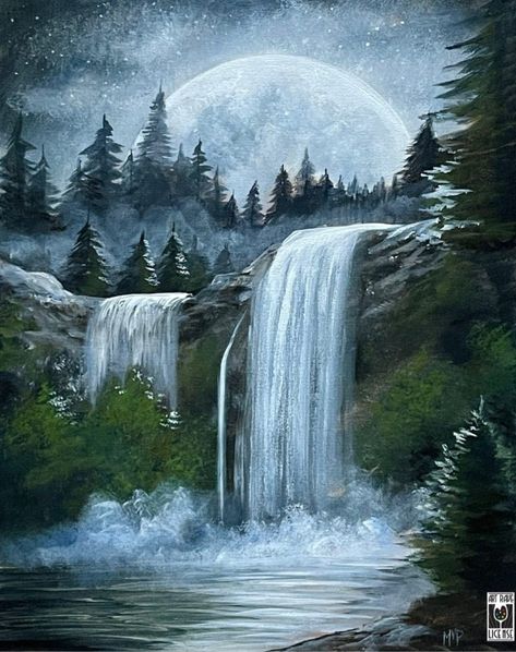 Lake Painting Acrylic Easy, Waterfall Drawing, Beach Scene Painting, Waterfall Paintings, Waterfall Art, Landscape Sketch, Lake Painting, Canvas Drawings, Landscape Art Painting