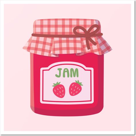 A classic bottle of strawberry jam with a label that has two strawberries and the word "Jam" with a red plaid pattern cover. -- Choose from our vast selection of art prints and posters to match with your desired size to make the perfect print or poster. Pick your favorite: Movies, TV Shows, Art, and so much more! Available in mini, small, medium, large, and extra-large depending on the design. For men, women, and children. Perfect for decoration. Strawberry Jam Drawing, Jam Drawing, Print Cutouts, Strawberry Room, Jam Bottle, Strawberry Prints, Jam Toast, Jam Label, Ipad Stickers