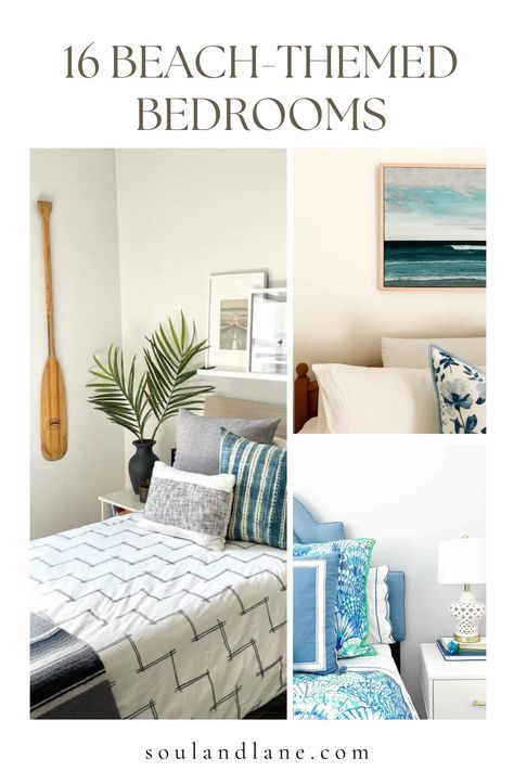 Think soft, sandy tones paired with cool blues and greens that mimic the ocean's hues. Add texture with weathered wood furniture and driftwood accents, while sea glass and shell decorations bring the beach finds indoors. Opt for bedding in light, breezy fabrics and consider a statement wall mural of a serene beach scene. These ideas aim to create a bedroom that’s not just a place to rest, but a sanctuary where the stress of the day is washed away by waves of tranquil dreams. Beach Master Bedrooms Decor, Weathered Wood Furniture, Brown Headboard, Monochrome Bedroom, Minimalist Coastal, Beach Themed Bedroom, Ocean Hues, Coastal Room, Grey Headboard