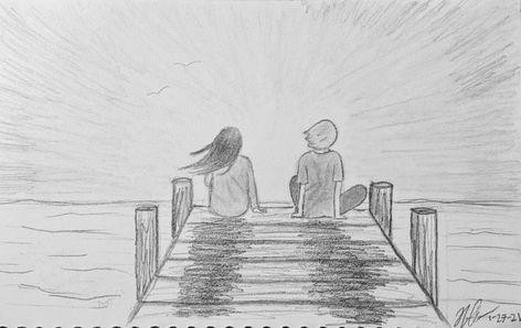 Pier Drawing Simple, Sunset Pencil Sketch, Couple Watching Sunset Drawing, Watching Sunset Drawing, Sunset Drawing Pencil Sketch, Sketch Sunset, Sunset Sketch, Boy And Girl Sketch, Boy And Girl Drawing