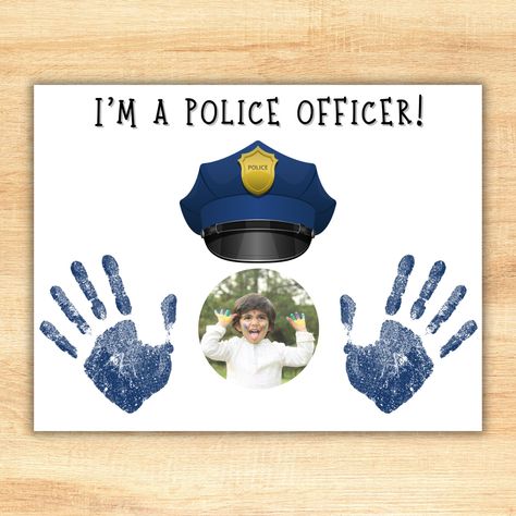 Need a cute Preschool police craft? We've got you covered! Our hero handprint art makes for an easy and fun police officer keepsake when learning about community helpers! This law enforcement baby handprint art is a great tool to use as preschool activities, or just fun at home! How it works: -Purchase -Download -Print -Cut out a photo and glue it on, or have your child draw a picture in that space instead! -Stamp child's handprints or footprints to create a cute keepsake! It's simple, and so ea Craft For Community Helpers, Community Helper Footprint Craft, Police Books For Preschool, Community Helper Infant Craft, Community Helpers Handprint Art, Police Officer Activities For Toddlers, Community Helpers Infant Crafts, Police Preschool Crafts, Police Activities For Toddlers