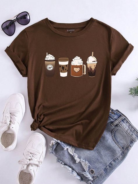 Coffee Brown Casual Collar Short Sleeve Fabric Cartoon  Embellished Slight Stretch Summer Women Clothing Printed Tee Women, Simple Frock Design, Coffee Outfit, Spring Fashion Casual, Womens Fashion Casual Spring, Coffee Print, Latest T Shirt, Coffee Shirts, Coffee Brown