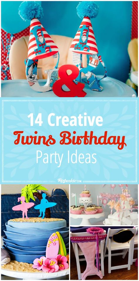 14 Creative Twins Birthday Party Ideas via @tipjunkie Twins Birthday Party Ideas, Twin Baby Birthday, Twins Birthday Party, Twin Birthday Themes, Sibling Birthday Parties, Combined Birthday Parties, Twin Birthday Cakes, First Birthday Party Ideas, Twin Birthday Parties