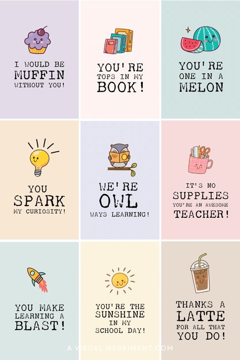 Are you looking for cute sayings for teacher appreciation handmade gifts, crafts and cards? This list of adorable puns will also give you some sweet craft ideas. They're short and sweet which makes them perfect for your projects. Great for preschool, kindergarten and older kids - Find them at A Visual Merriment | Words For Teacher, Thank A Teacher Quotes, Short Teacher Quotes, Teacher Gift Quotes, Teacher Thank You, Gift For Teacher, Thank A Teacher, Easy Teacher Gifts #teacher #appreciation Teacher Appreciation Quotes Funny, Teachers Day Card Quotes, Thank A Teacher Quotes, Thank You Teacher, Thank You Card For Teacher, Teacher Appreciation Quotes Inspiration, Cricut Storage Ideas, Short Teacher Quotes, Teacher Gift Quotes