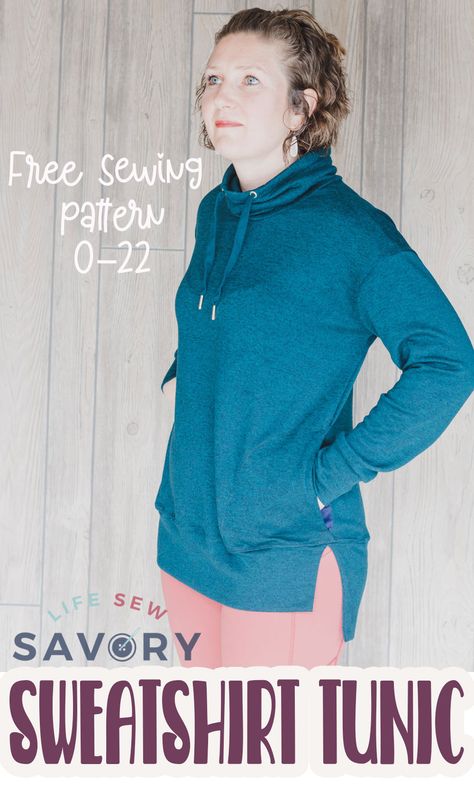 womens sweatshirt tunic free sewing pattern Hoodie Sewing Pattern, Tunic Sewing Patterns, Sewing Tops, Sewing Projects Clothes, Free Sewing Pattern, Hoodie Pattern, Make Your Own Clothes, Cowl Neck Sweatshirt, Diy Sewing Pattern